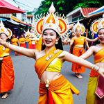 **A vibrant Thai festival scene:** Capture the energy of a local Thai festival with colorful costumes, traditional dancers, and delicious street food. Focus on the joyful expressions of the participants and the rich cultural details.