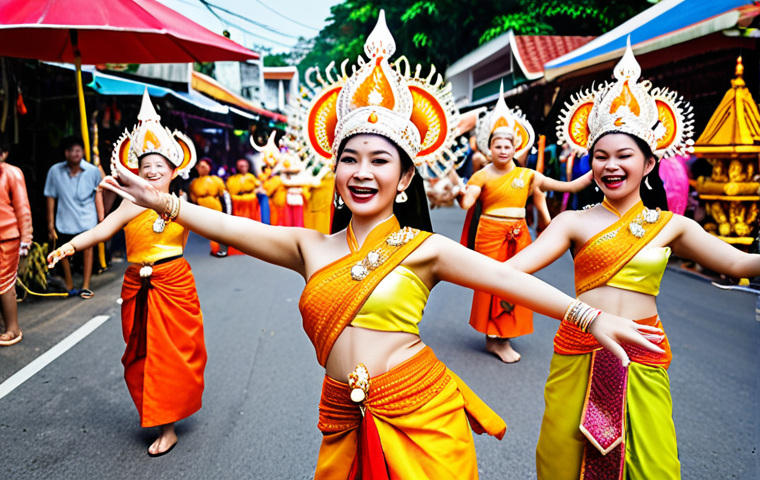 **A vibrant Thai festival scene:** Capture the energy of a local Thai festival with colorful costumes, traditional dancers, and delicious street food. Focus on the joyful expressions of the participants and the rich cultural details.